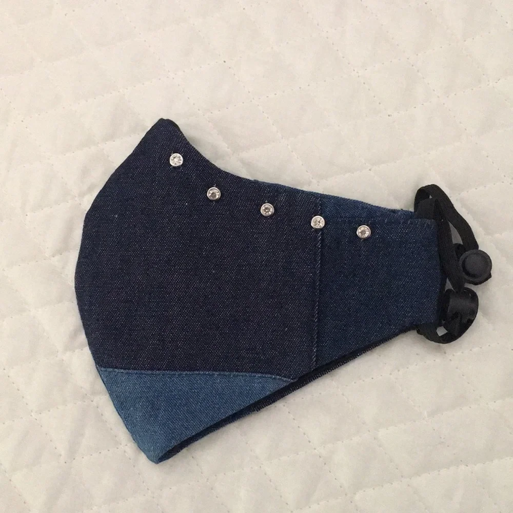 Patchwork denim 3 layer mask with rhinestones. Cooling inner black layer.
